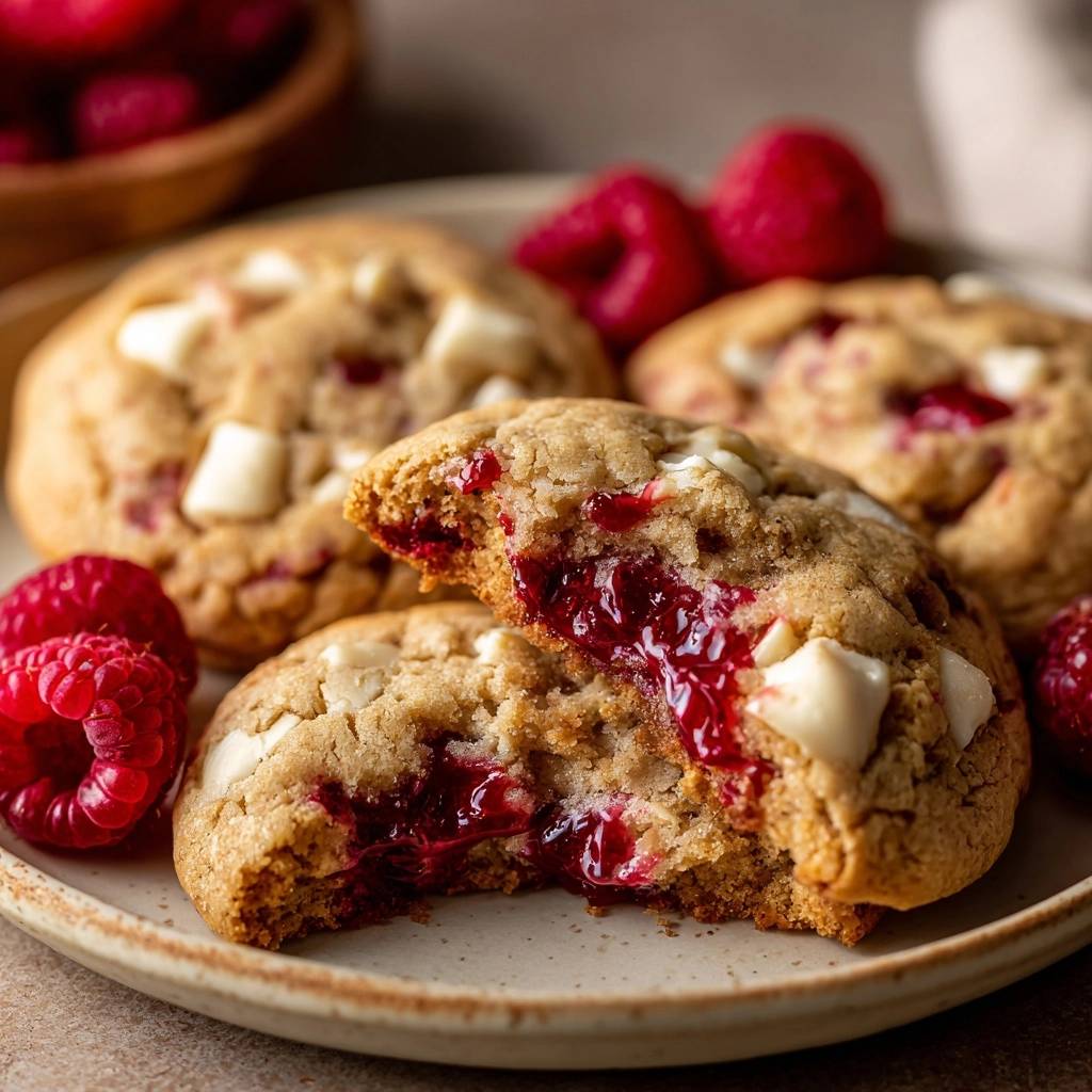 Himbeer-Weiße-Schokolade-Cookies angeschnitten mit saftiger Himbeerfüllung und weißen Schokoladenstückchen