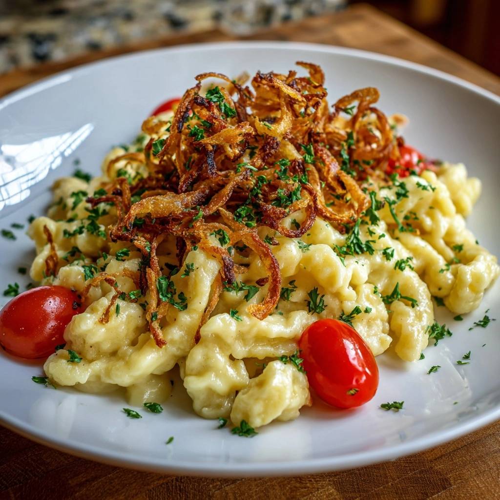Käsespätzle mit knusprigen Zwiebeln, serviert auf einem Teller, Draufsicht. Dazu frische Tomaten und gehackte Petersilie als Garnitur.