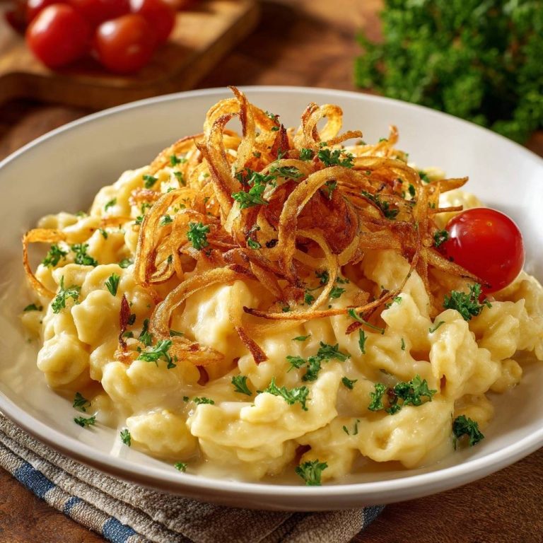 Käsespätzle mit goldbraunen, knusprigen Zwiebeln in Nahaufnahme serviert, garniert mit frischer Petersilie und einer Tomate.