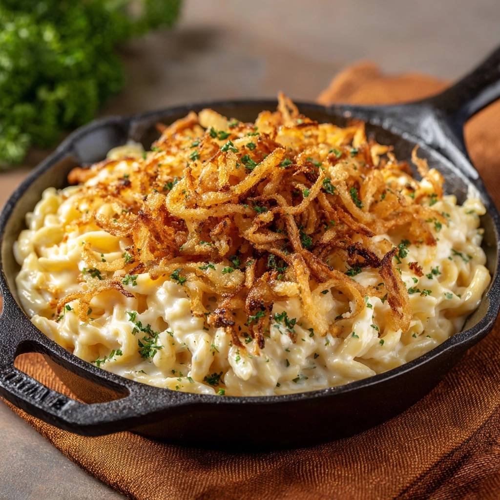 Kaesespaetzle Mit Knusprigen Zwiebeln Draufsicht 1 Käsespätzle mit knusprigen Zwiebeln, serviert in einer gusseisernen Pfanne, mit goldbraunen, frittierten Zwiebeln und frischer Petersilie garniert.