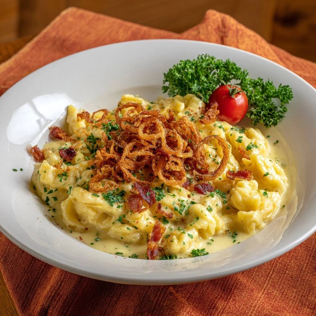 Kaesespaetzle Mit Zwiebeln Serviert 1 Käsespätzle mit knusprigen Zwiebeln, serviert in einer weißen Schüssel, garniert mit frischer Petersilie und einer Tomate.