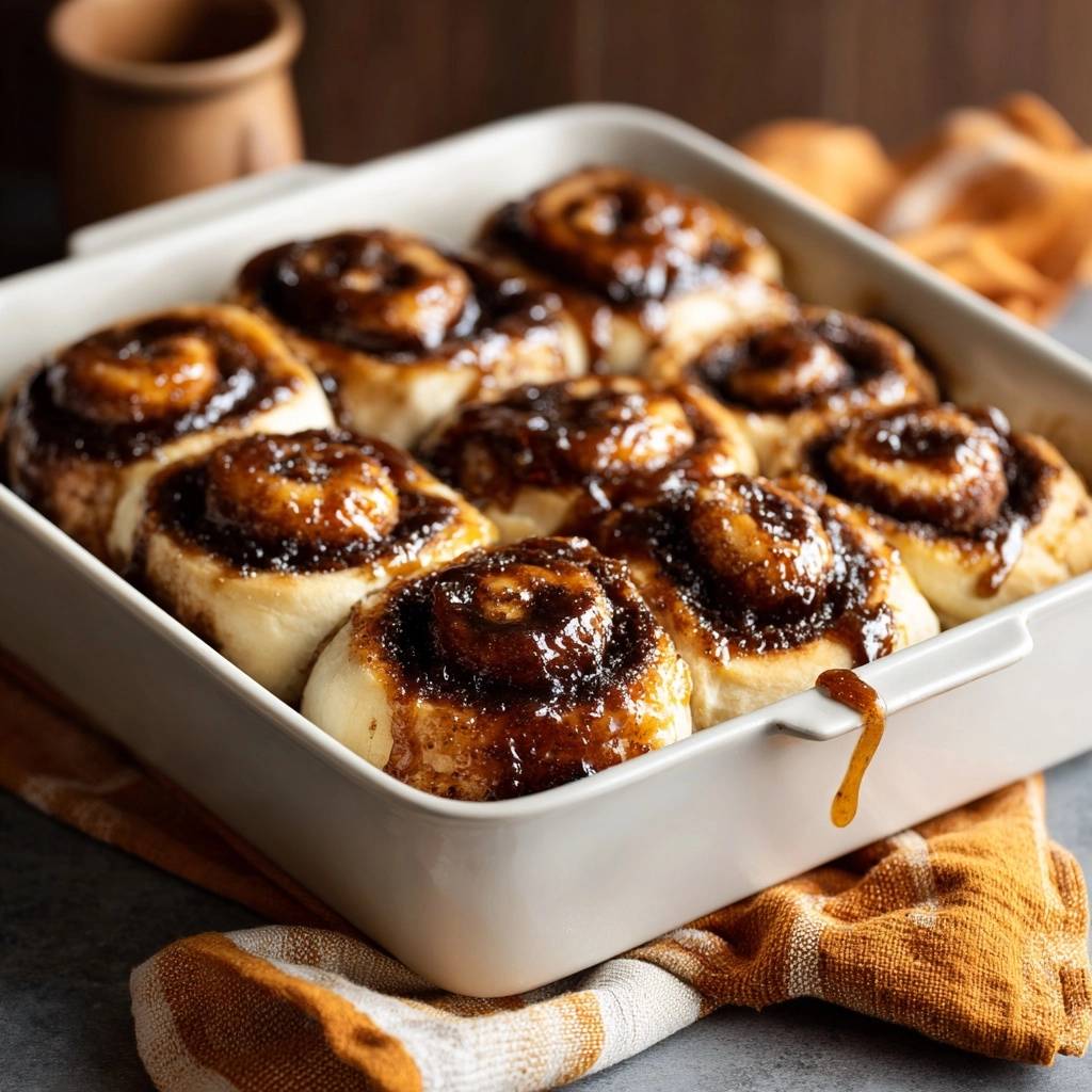 Karamell-Zimtschnecken in einer weißen Auflaufform, mit einer Nahaufnahme der glänzenden Karamellglasur, die überläuft. Die frisch gebackenen Zimtschnecken sind perfekt.