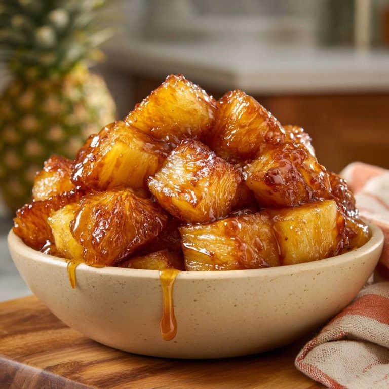 Karamellisierte Ananas in einer Schüssel mit glänzendem Karamell-Überzug, der anmutig heruntertropft. Die süße Ananas ist perfekt zubereitet.