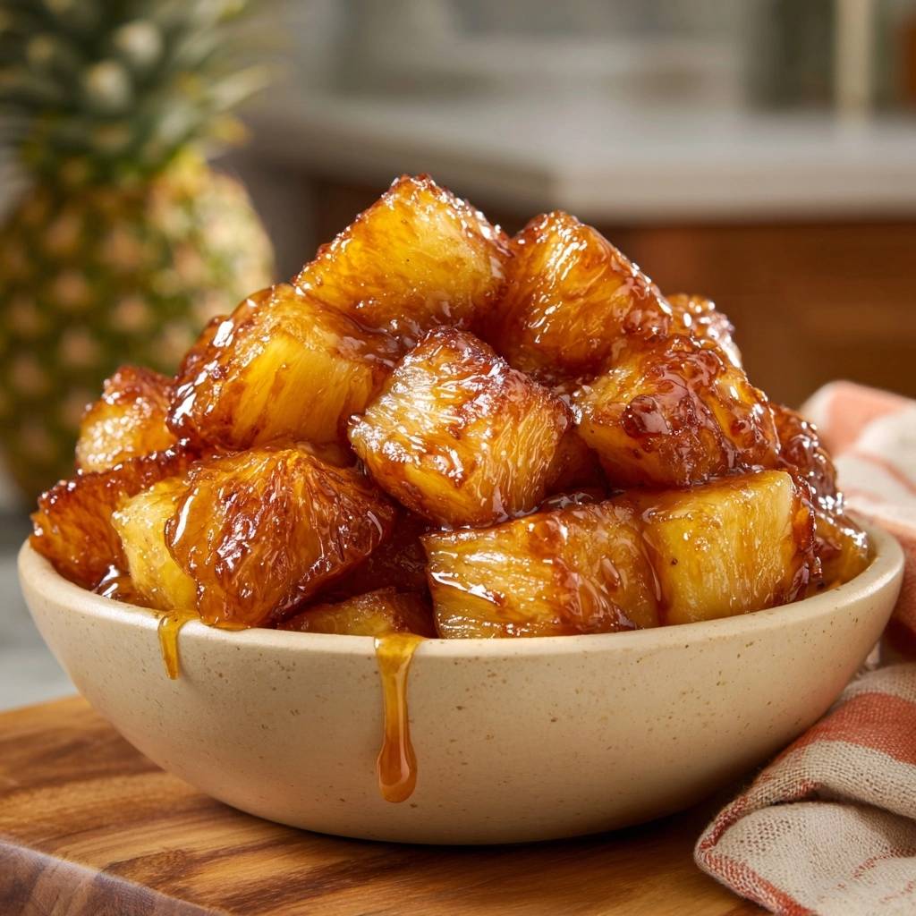 Karamellisierte Ananas in einer Schüssel mit glänzendem Karamell-Überzug, der anmutig heruntertropft. Die süße Ananas ist perfekt zubereitet.