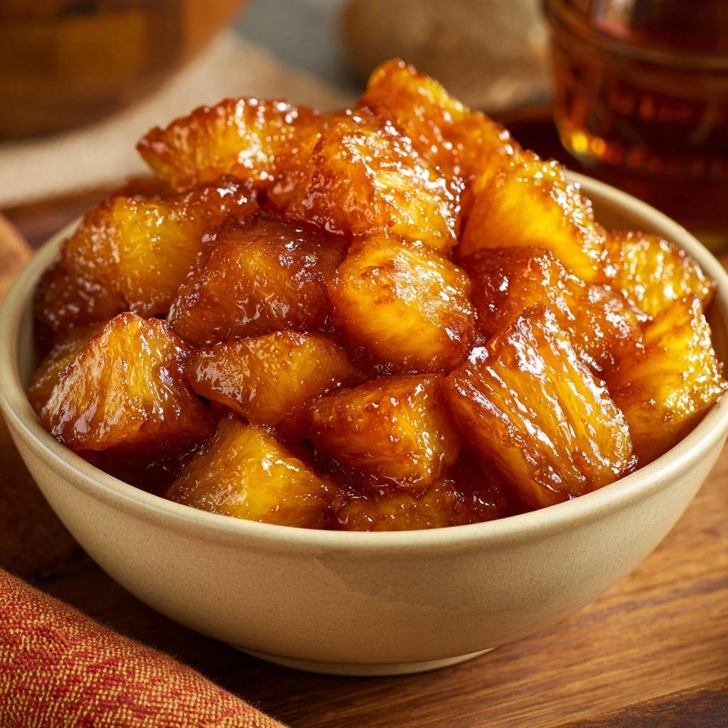 Karamellisierte Ananas in einer Schüssel, eine Nahaufnahme zeigt die glänzende Glasur und die goldbraune Farbe des Desserts.