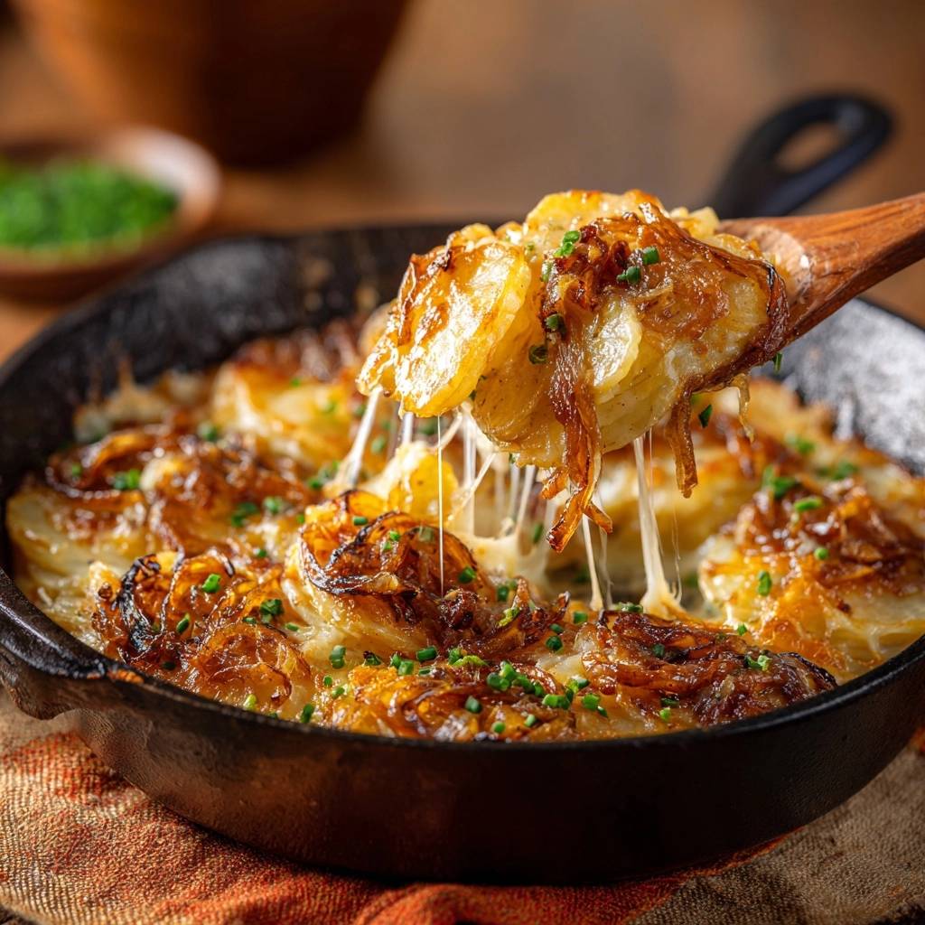 Karamellisierte Zwiebel-Kartoffeln mit Käse werden auf einem Holzlöffel serviert. Der geschmolzene Käse zieht sich beim Herausnehmen aus der Pfanne.
