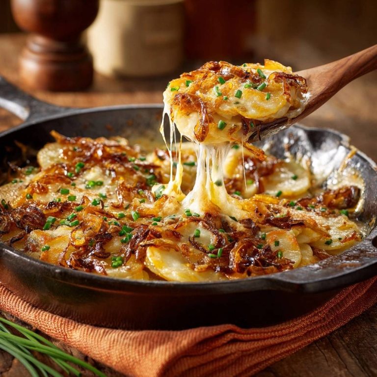 Karamellisierte Zwiebel-Kartoffeln mit Käse präsentieren sich mit einem verlockenden Käsefaden, der aus der Pfanne auf dem Löffel gezogen wird.