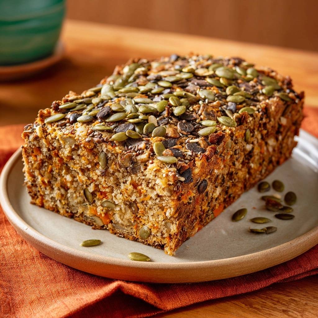 Karottenbrot Mit Kuerbiskernen Auf Teller Serviert 1 Karottenbrot mit Kürbiskernen, serviert auf einem hellen Teller, zeigt die rustikale Kruste und die knusprigen Kürbiskerne.