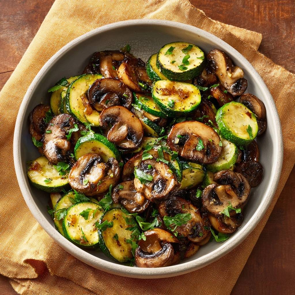 Knackige Zucchini-Champignon-Pfanne von oben: Eine köstliche Mahlzeit aus gebratenen Champignons und Zucchini, serviert in einer Schüssel.
