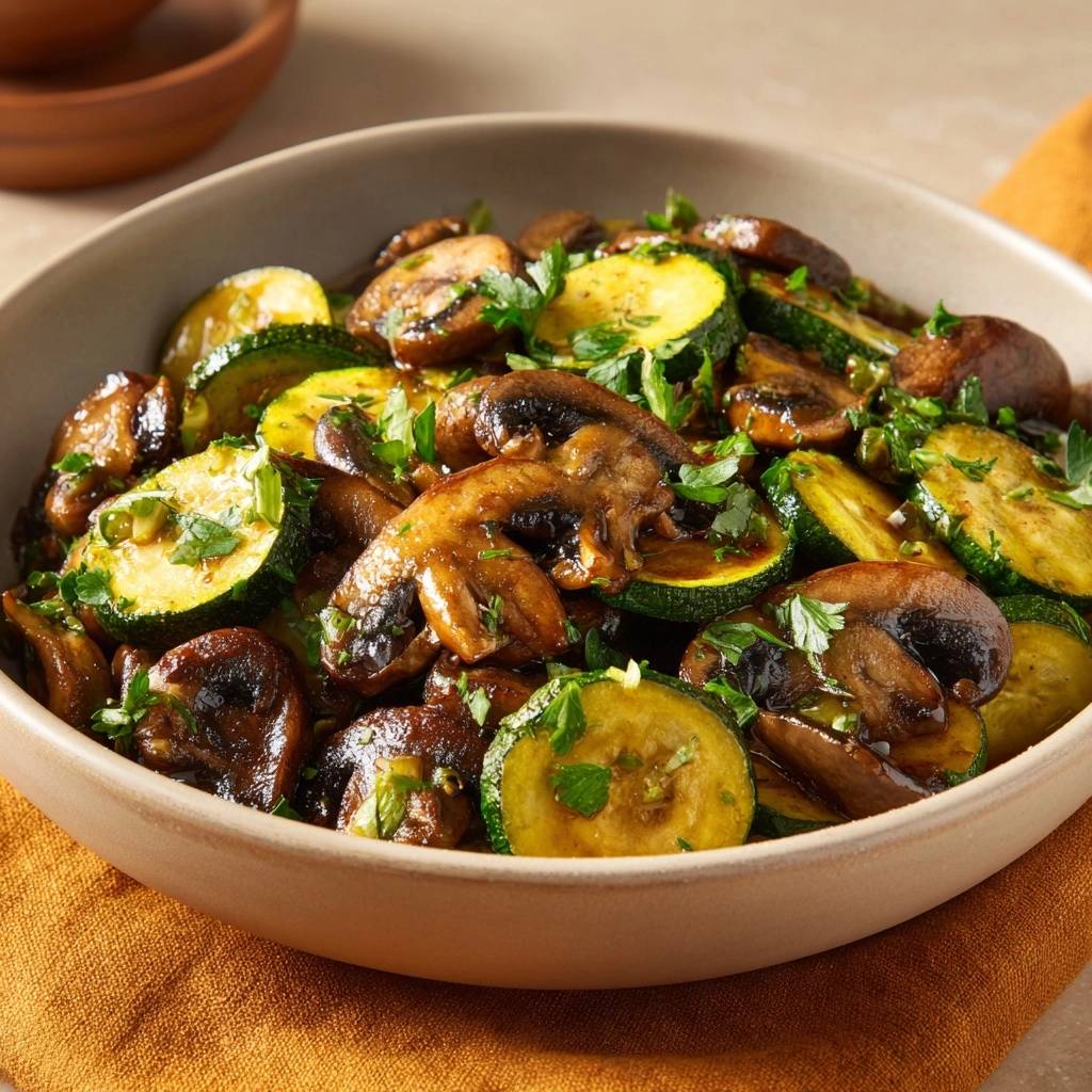 Knackige Zucchini-Champignon-Pfanne in einer rustikalen Schüssel, garniert mit frischer Petersilie, aus nächster Nähe betrachtet.