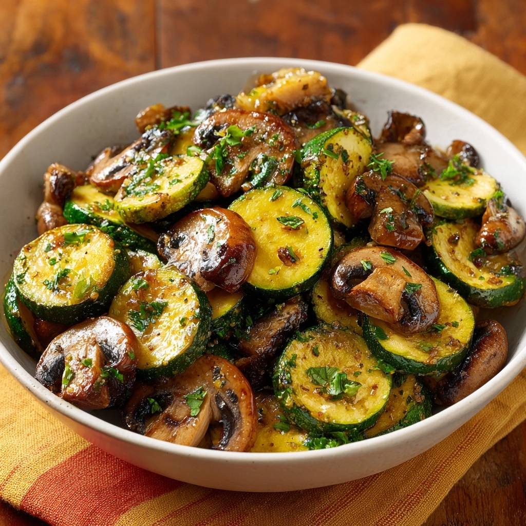 Knackige Zucchini Pilz Pfanne Detail Mit Kraeutern 1 Knackige Zucchini-Pilz-Pfanne nahaufnahme mit frischen Kräutern garniert auf einem Teller
