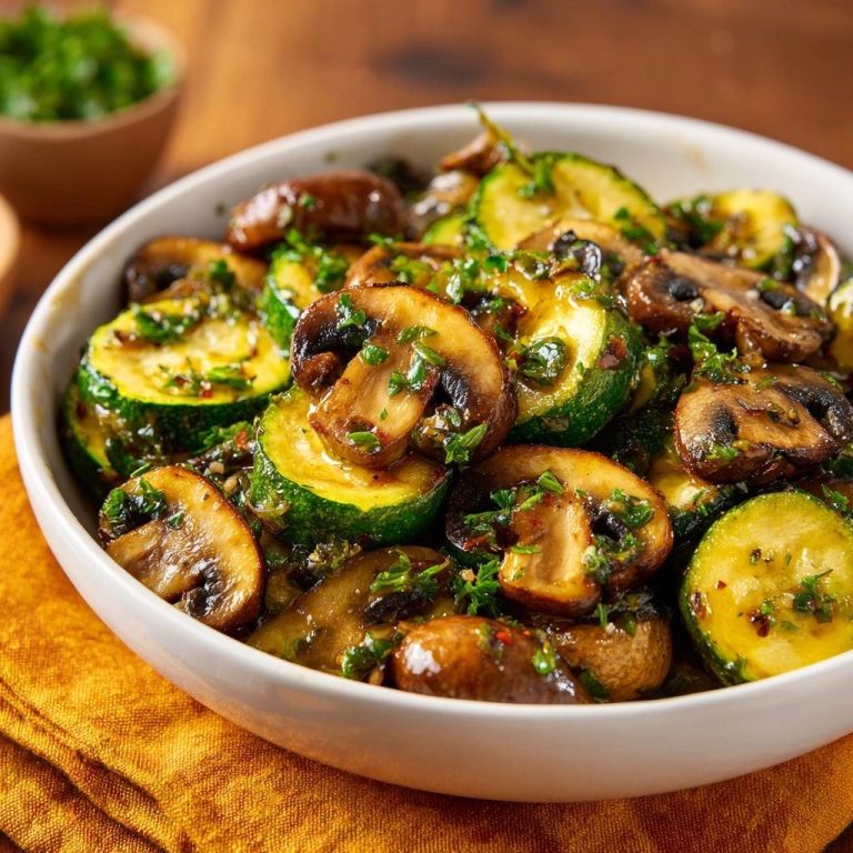 Knackige Zucchini-Pilz-Pfanne in einer Nahaufnahme, die die gebratenen Champignons und Zucchinischeiben mit Kräutern bestreut zeigt.