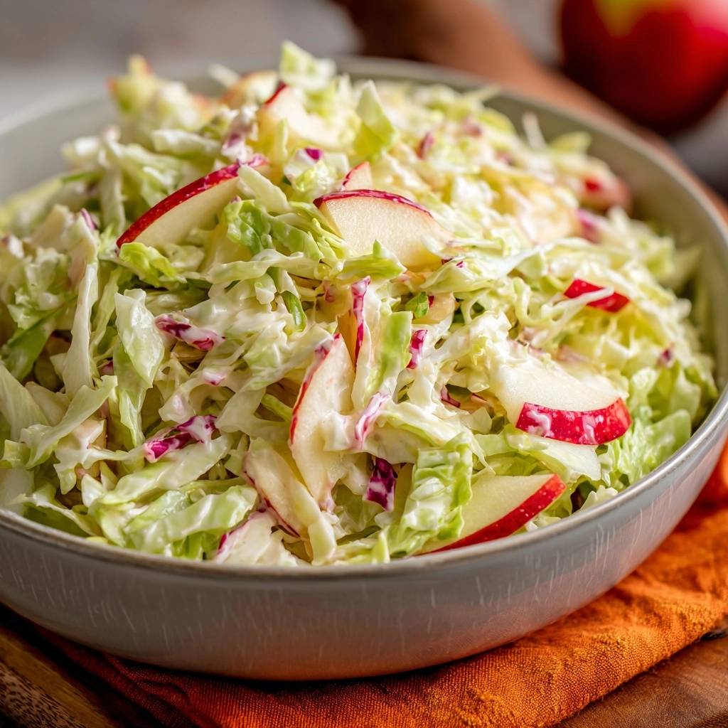 Knackiger Apfel-Krautsalat in einer Schüssel serviert, mit frischem, knackigem Weißkohl und saftigen Apfelspalten. Ein erfrischender Salat für jede Gelegenheit.