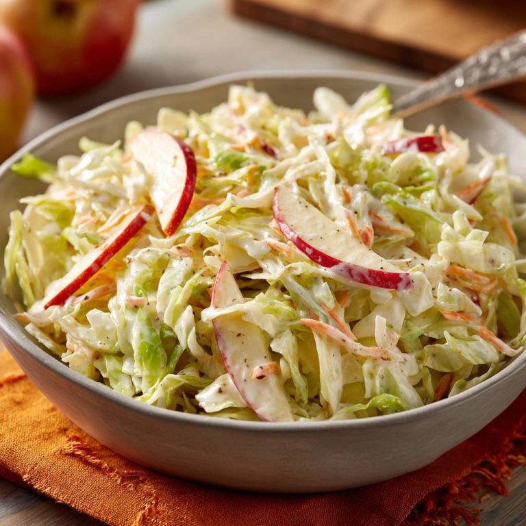 Knackiger Apfel-Krautsalat in einer rustikalen Schüssel serviert, mit frischen Apfelscheiben garniert und appetitlich angerichtet.