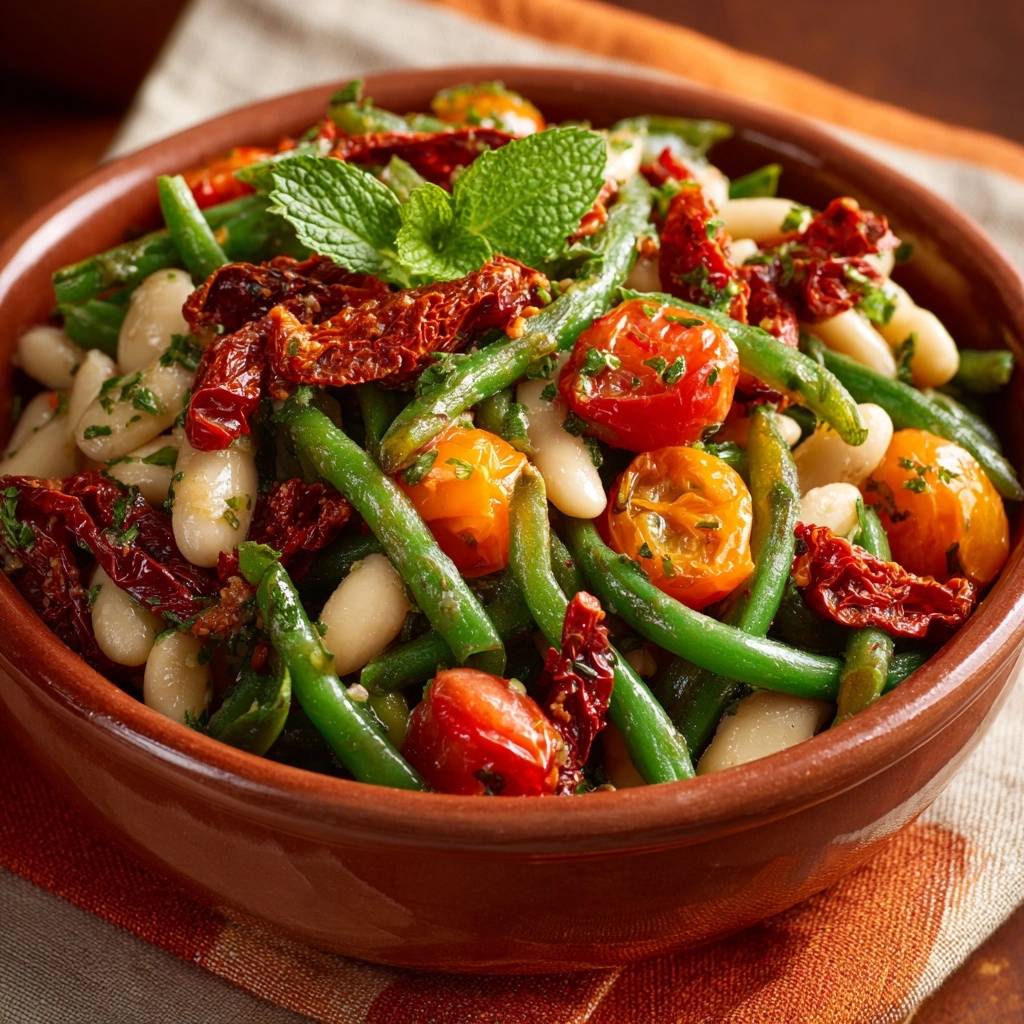 Knackiger Bohnensalat Mit Minze Draufsicht 1 Knackiger Bohnensalat mit Minze, Tomaten & getrockneten Tomaten in einer rustikalen Schüssel, garniert mit frischer Minze.