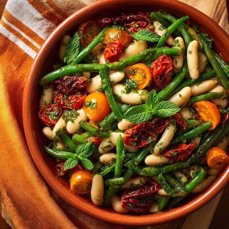 Knackiger Bohnensalat mit Minze, Tomaten & getrockneten Tomaten in einer Schüssel, von oben betrachtet, mit frischer Minze garniert.