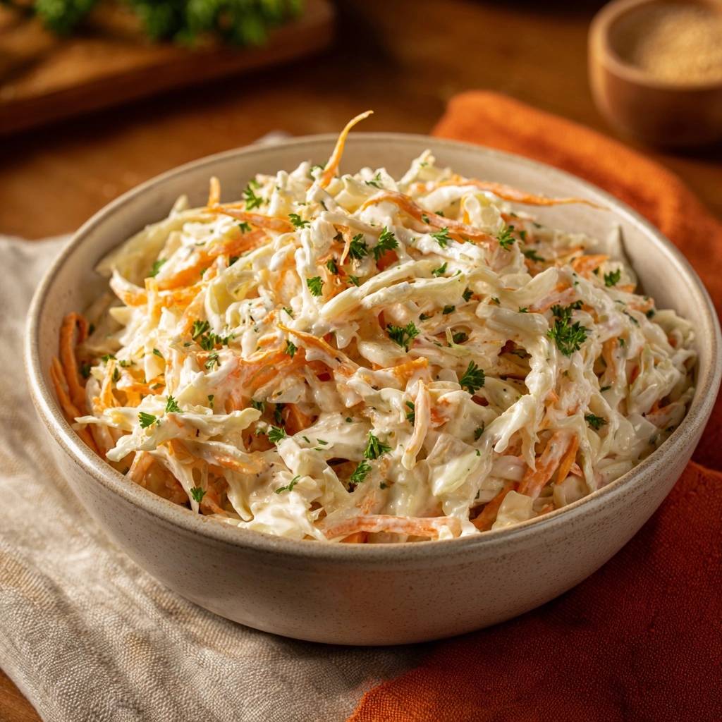 Knackiger Coleslaw in einer Schüssel serviert, garniert mit frischer Petersilie, ein verlockender Blick von oben auf dieses erfrischende Gericht.