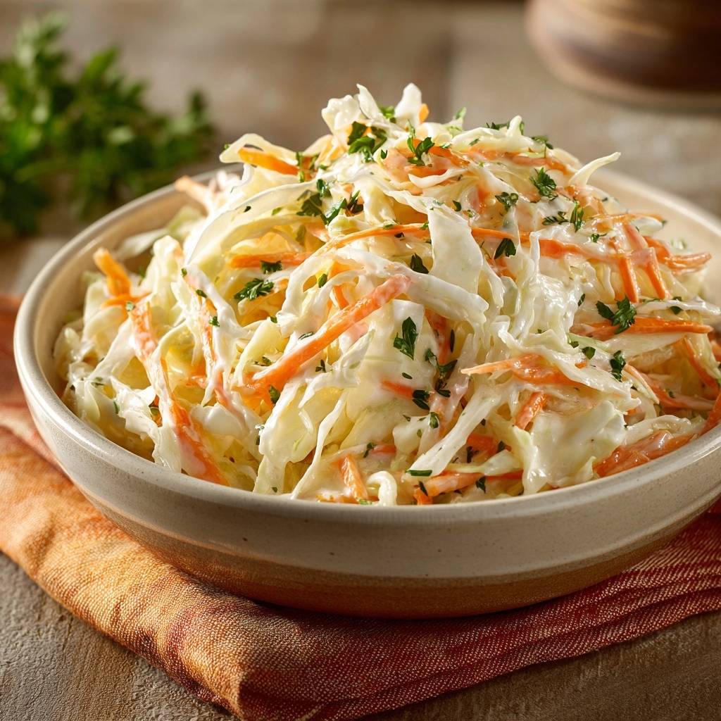 Knackiger Coleslaw Serviert 1 Knackiger Coleslaw serviert in einer rustikalen Schüssel, garniert mit frischer Petersilie, bereit zum Genießen.