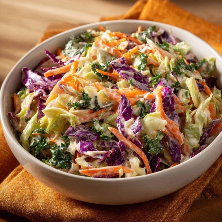 Knackiger Regenbogen-Coleslaw in einer Nahaufnahme, serviert in einer weißen Schüssel auf einem orangefarbenen Stoff, mit leuchtenden Farben.