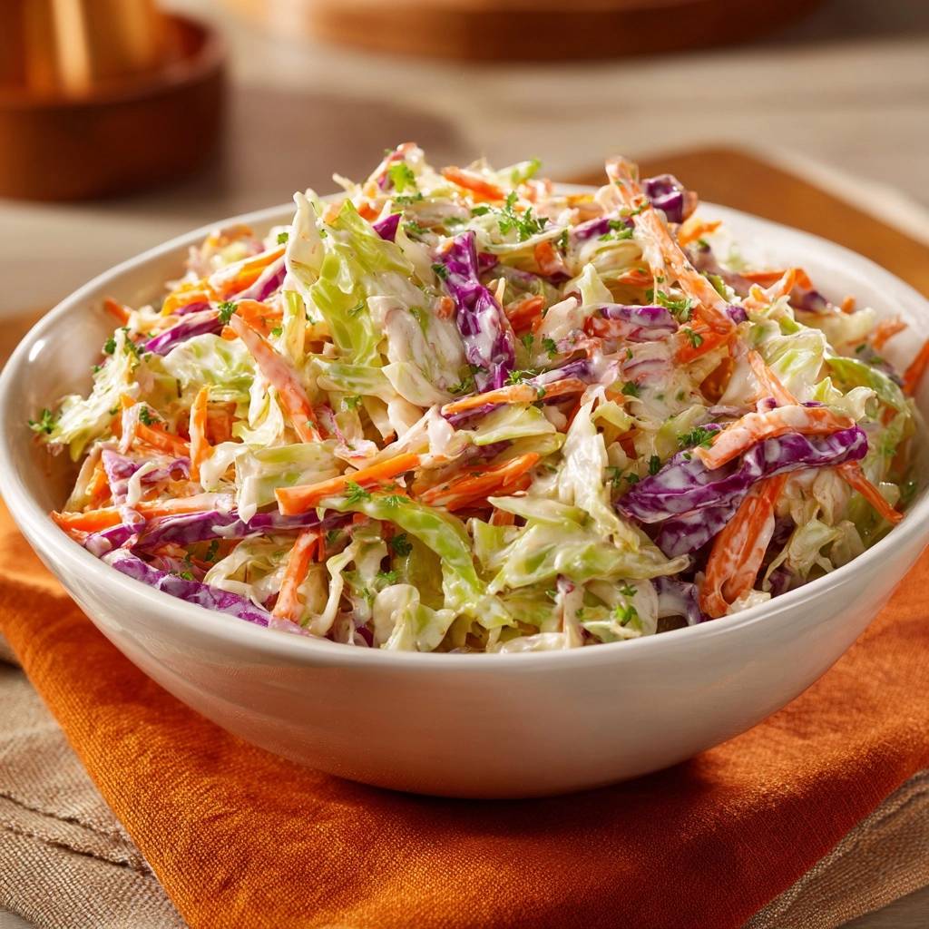 Knackiger Regenbogen-Coleslaw in einer weissen Schüssel, mit Karotten, Rotkohl und Petersilie garniert.