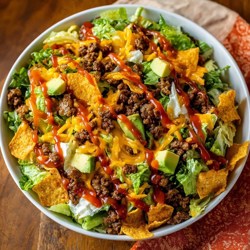 Knackiger Taco Salat Draufsicht Serviert 1 Knackiger Taco-Salat, serviert in einer Schüssel, mit knusprigen Tortilla-Chips, Hackfleisch, Avocado und einem leckeren Dressing.