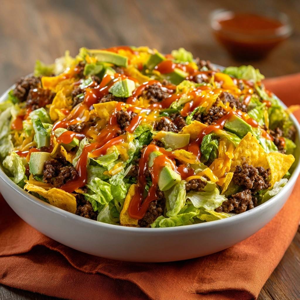 Knackiger Taco-Salat in einer Schüssel serviert, mit frischem Salat, Avocado, knusprigen Tortilla-Chips und köstlicher Sauce.