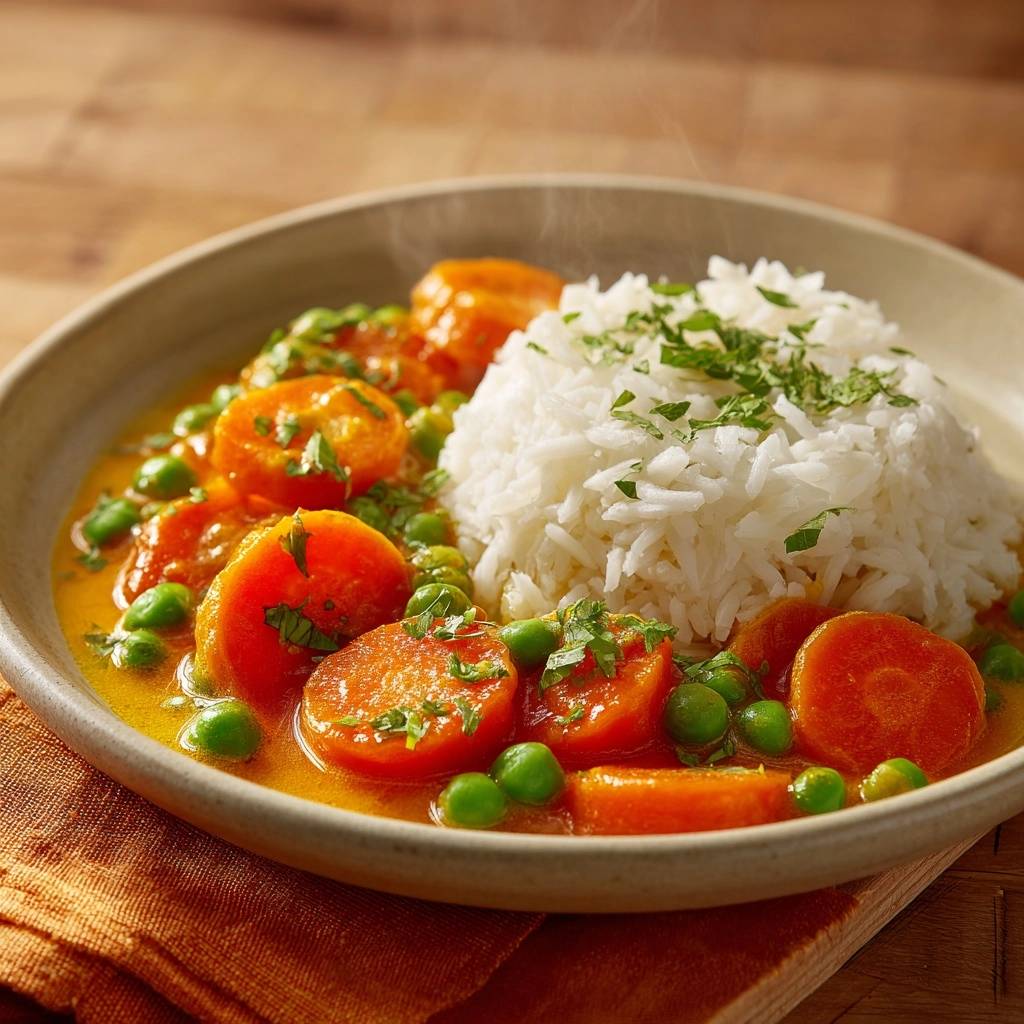 Knackiges Karotten Erbsen Curry Auf Reis Serviert 1 Knackiges Karotten-Erbsen-Curry auf Reis serviert, ein Teller mit dampfendem Curry, Reis und frischer Petersilie garniert.