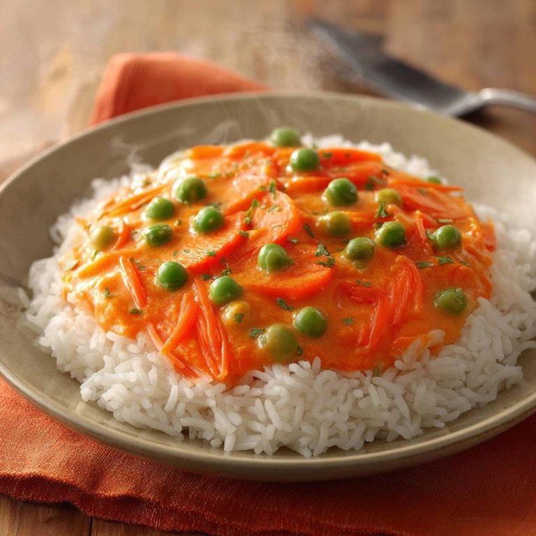 Knackiges Karotten-Erbsen-Curry auf Reis, serviert in einer Schüssel, mit dampfender Wärme, die die frischen Zutaten hervorhebt.