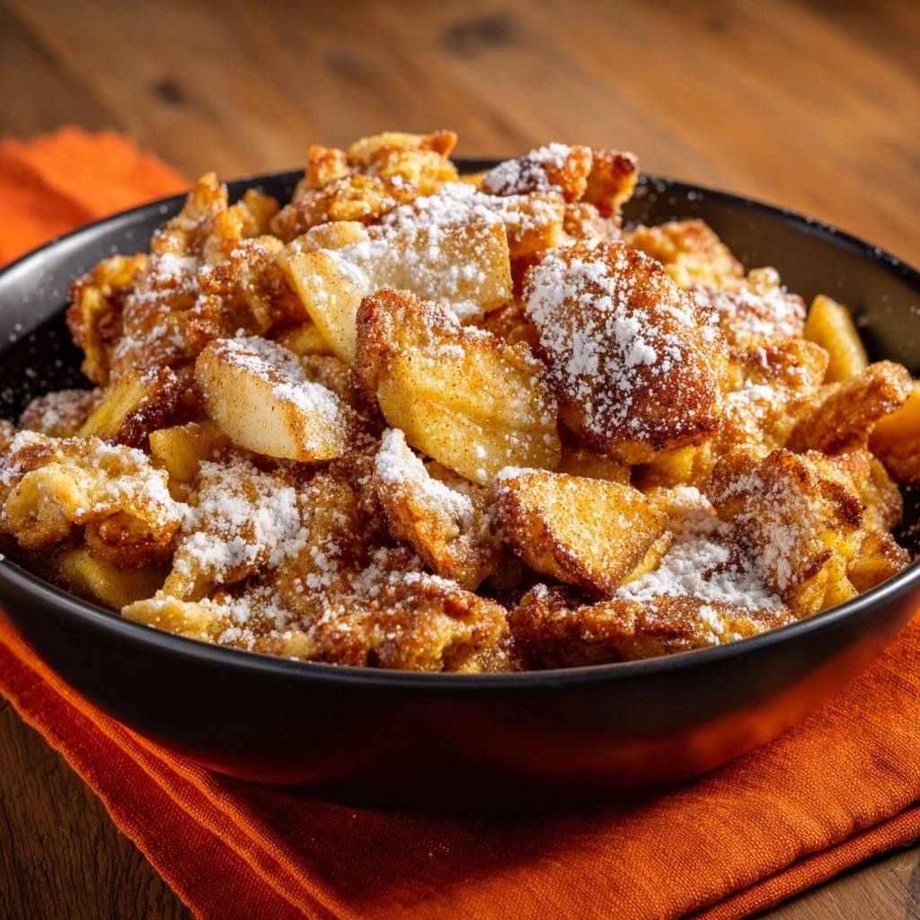 Knusprige Apfelküchle in einer Nahaufnahme, serviert in einer schwarzen Schüssel und mit Puderzucker bestäubt. Die goldbraunen Apfelstückchen sind appetitlich.