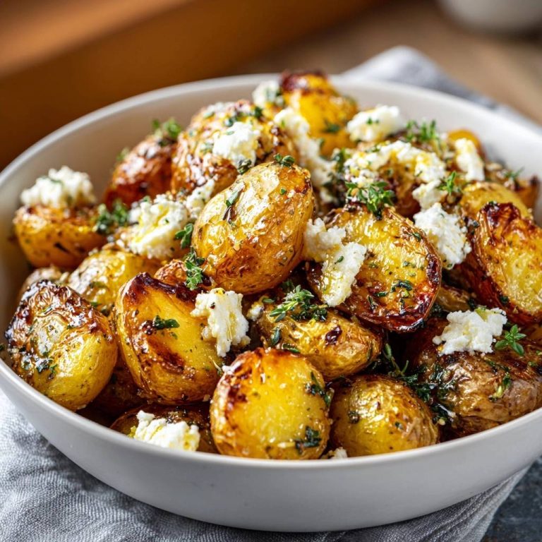 Knusprige Babykartoffeln mit Feta und Thymian: Eine Nahaufnahme der goldbraunen Kartoffeln, garniert mit frischem Thymian und cremigem Feta.
