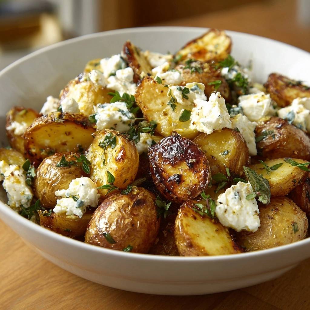 Knusprige Babykartoffeln mit Feta und Thymian, serviert in einer weißen Schüssel, garniert mit frischem Thymian und cremigem Feta-Käse.