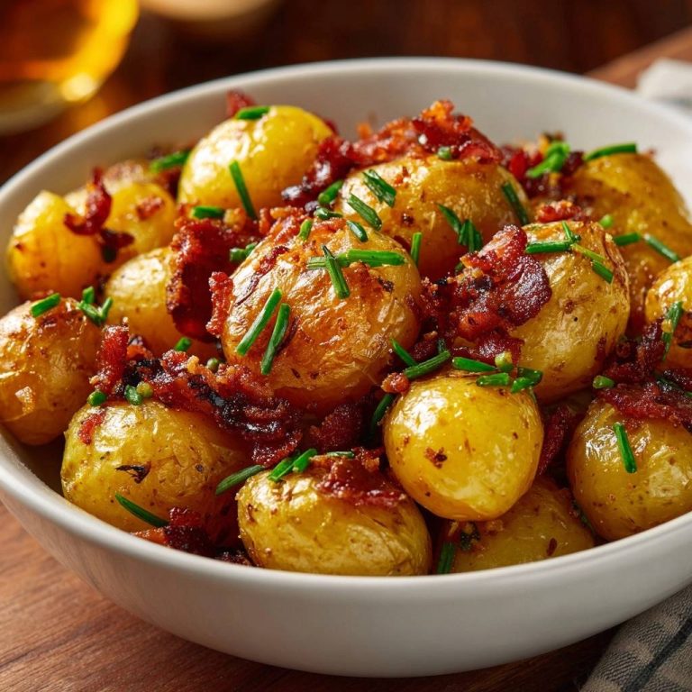 Knusprige Babykartoffeln mit Speck und Schnittlauch in einer Nahaufnahme, garniert mit frischem Schnittlauch und knusprigem Speck.