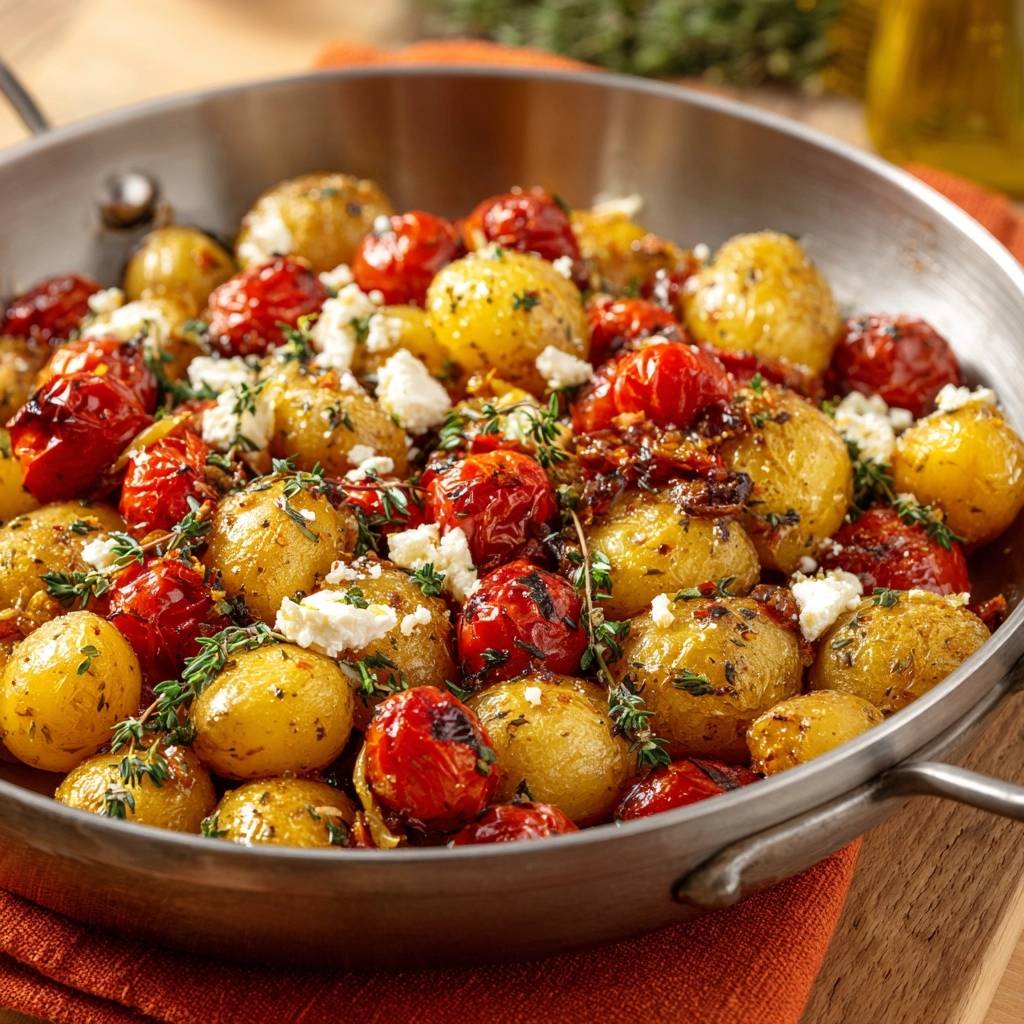 Knusprige Babykartoffeln mit Tomaten-Feta-Thymian in einer Pfanne zubereitet, garniert mit frischem Thymian und Feta-Käse.