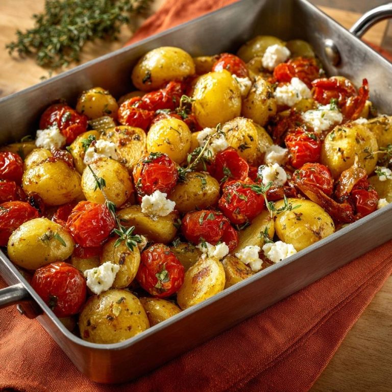 Knusprige Babykartoffeln mit Tomaten-Feta-Thymian in einer Auflaufform, garniert mit frischem Thymian und cremigem Feta-Käse.