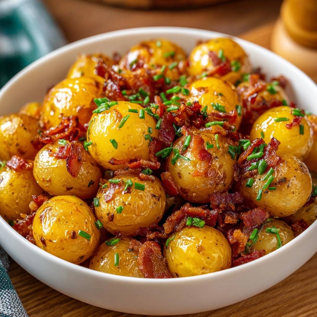 Knusprige Babykartoffeln Speck Schnittlauch Nahaufnahme 1 Knusprige Babykartoffeln mit Speck und Schnittlauch als Nahaufnahme in einer weißen Schüssel garniert.