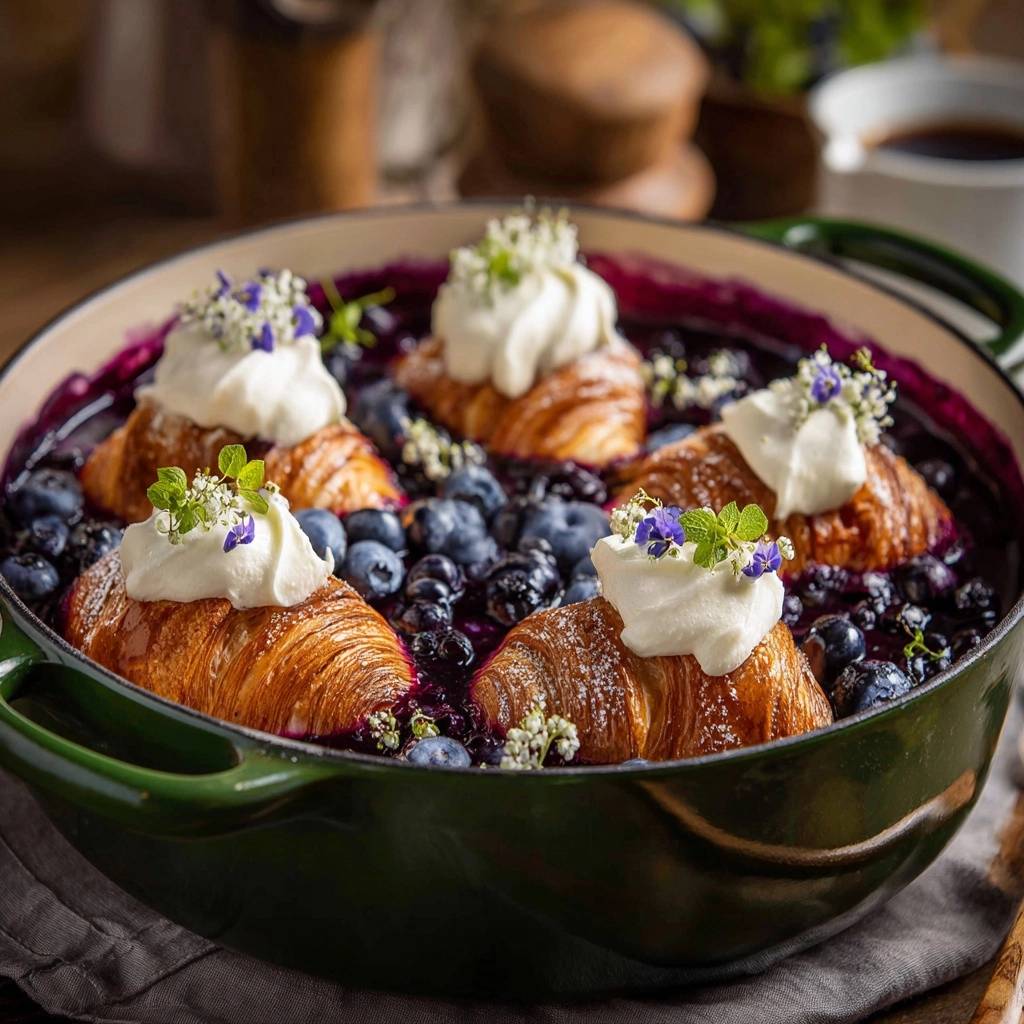 Knusprige Blaubeer Croissant Pfanne Draufsicht Serviert 1 Knusprige Blaubeer-Croissant-Pfanne, serviert in einer grünen Pfanne, mit frischen Blaubeeren, Sahne und essbaren Blüten dekoriert.