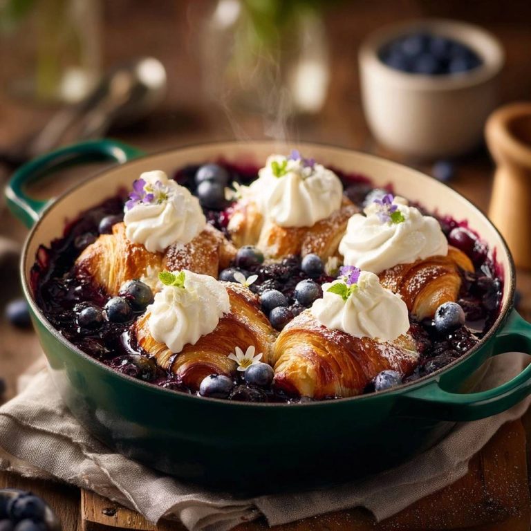 Knusprige Blaubeer-Croissant-Pfanne, serviert in einer gusseisernen Pfanne, mit frischen Blaubeeren und Schlagsahne garniert, die noch leicht dampft.