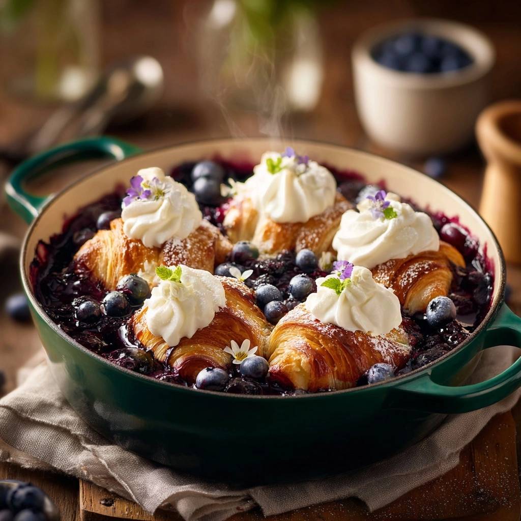Knusprige Blaubeer-Croissant-Pfanne, serviert in einer gusseisernen Pfanne, mit frischen Blaubeeren und Schlagsahne garniert, die noch leicht dampft.