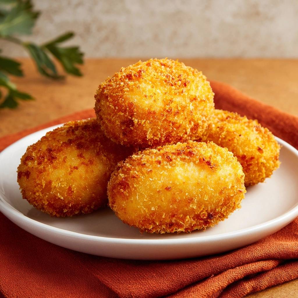Knusprige Blumenkohl-Kroketten, serviert auf einem weißen Teller, zeigen die goldbraune Kruste und die appetitliche Textur. Sie sind auf einem rostfarbenen Tuch platziert.