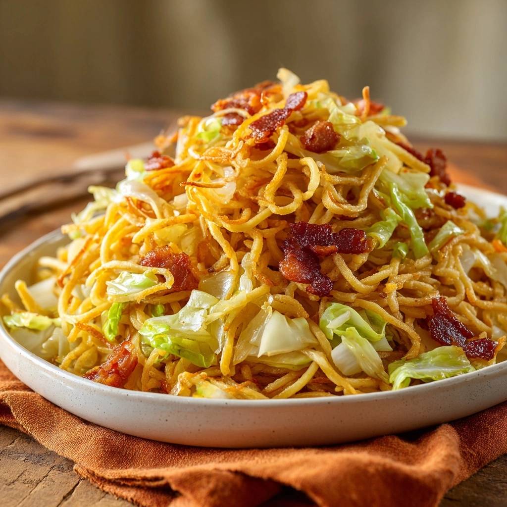 Knusprige Bratkartoffeln Mit Speck Und Weisskohl Draufsicht 1 Knusprige Bratkartoffeln mit Speck und Weißkohl in einer Draufsicht präsentiert, mit gebratenen Nudeln, Kohl und knusprigem Speck.