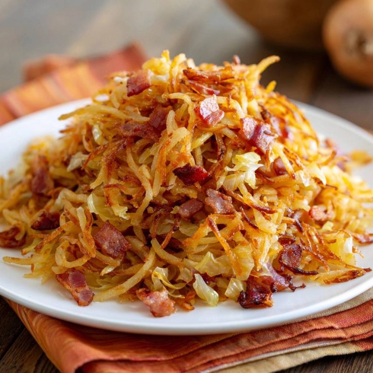 Knusprige Bratkartoffeln mit Speck und Weißkohl, serviert auf einem weißen Teller, von oben fotografiert. Die goldbraune Textur des Gerichts ist deutlich zu erkennen.