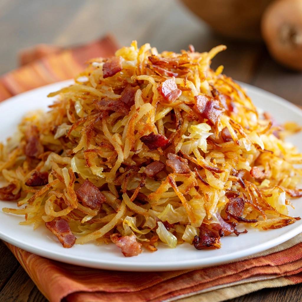 Knusprige Bratkartoffeln mit Speck und Weißkohl, serviert auf einem weißen Teller, von oben fotografiert. Die goldbraune Textur des Gerichts ist deutlich zu erkennen.