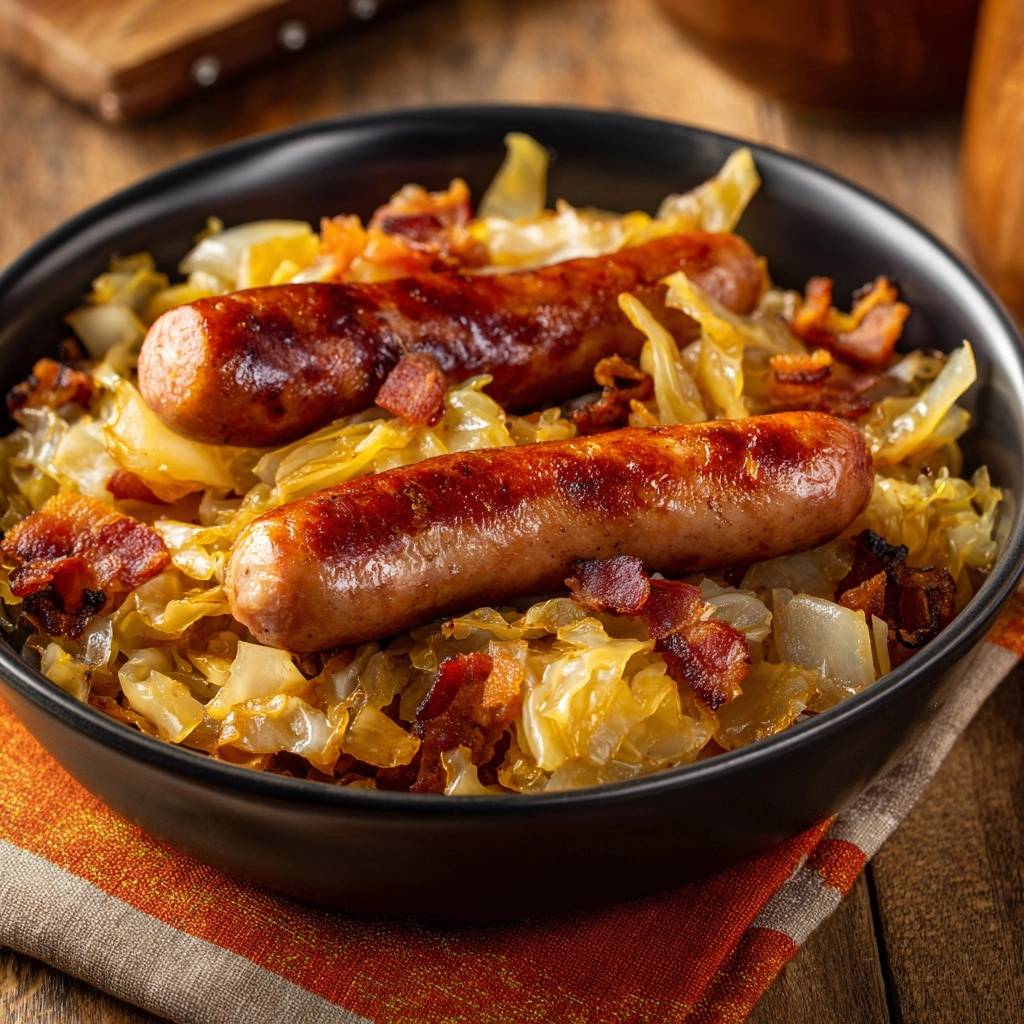 Knusprige Bratkartoffeln Mit Weisskohl Bacon Und Bratwuerste 1 Knusprige Bratkartoffeln mit Weißkohl, Speck und Bratwürsten in einer schwarzen Schüssel serviert, aus der Vogelperspektive betrachtet. Das herzhafte Gericht ist appetitlich angerichtet.