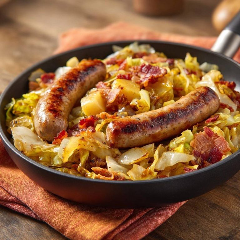 Knusprige Bratkartoffeln mit Weißkohl, Speck und Bratwürsten in einer Pfanne zubereitet, mit goldbraunen Bratwürsten und knusprigem Speck.