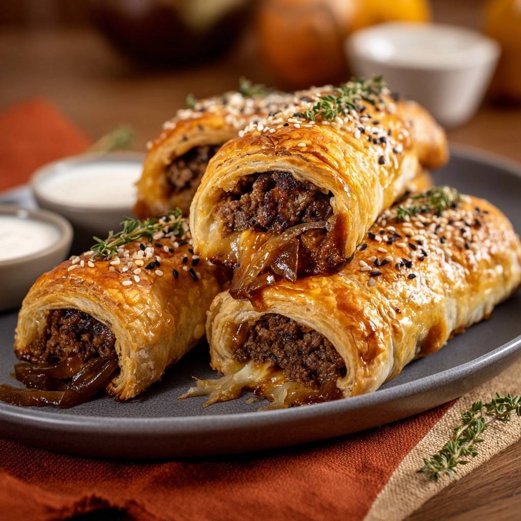 Knusprige Hack-Käse-Blätterteigrollen zeigen hier einen appetitlichen Querschnitt, der die saftige Hackfleischfüllung und den geschmolzenen Käse offenbart.
