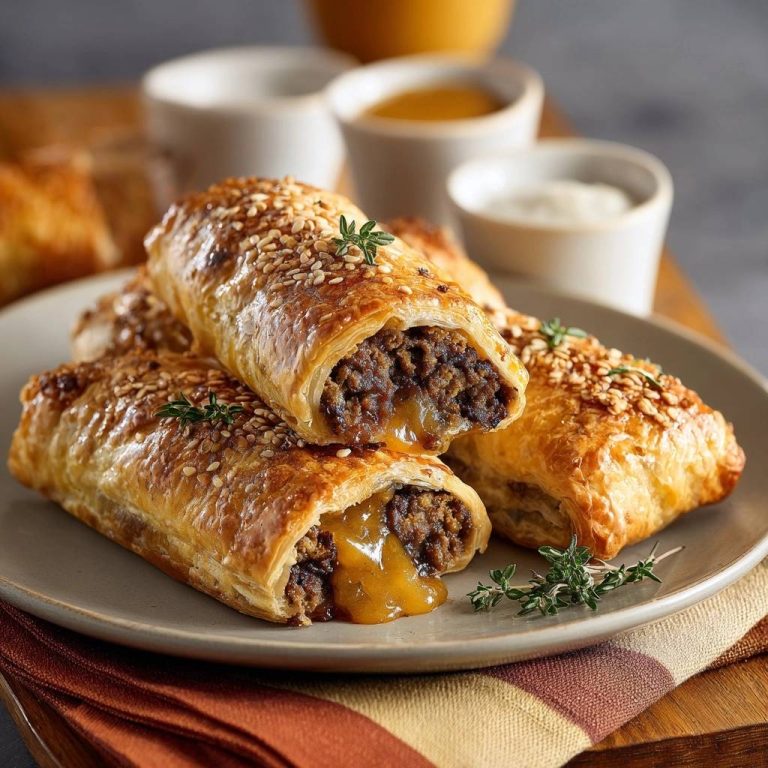 Knusprige Hack-Käse-Blätterteigrollen im Querschnitt, mit geschmolzenem Käse, der aus der Füllung herausläuft und mit Sesam bestreut.