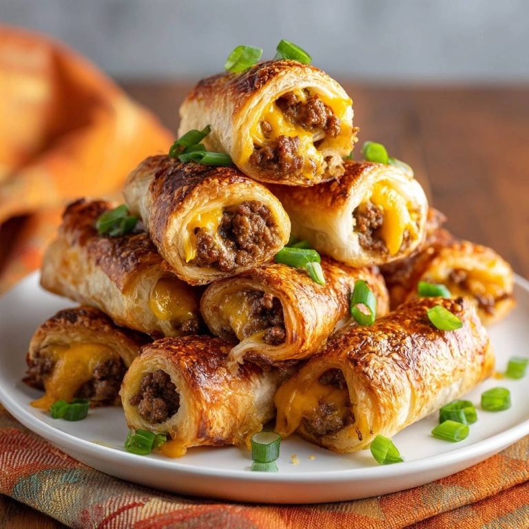 Knusprige Hack-Käse-Röllchen in Nahaufnahme: Der goldbraune Blätterteig zeigt die saftige Hackfleischfüllung mit geschmolzenem Käse.