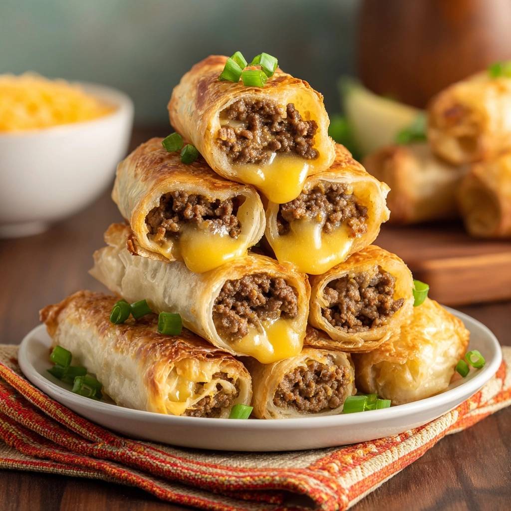 Knusprige Hack Kase Taquitos Querschnitt 1 Knusprige Hack-Käse-Taquitos mit angeschnittenen Enden, die das geschmolzene Käse-Hackfleisch-Innereien zeigen und mit frischen Kräutern garniert sind.