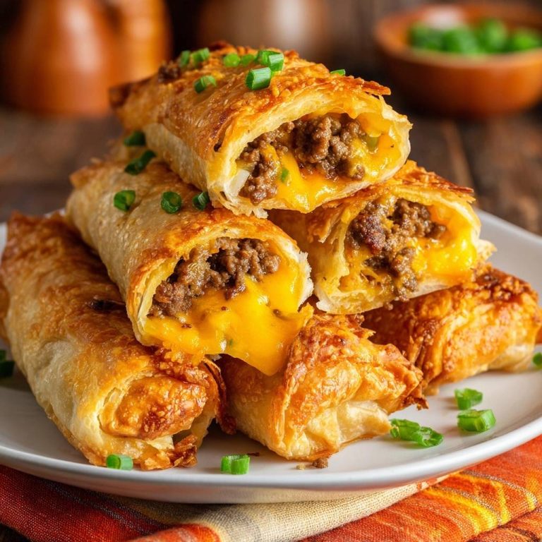 Knusprige Hack-Käse-Taquitos mit goldbraunem Teig, serviert auf einem weißen Teller, zeigen ihren geschmolzenen Käse- und Hackfleischfüllung im Querschnitt.
