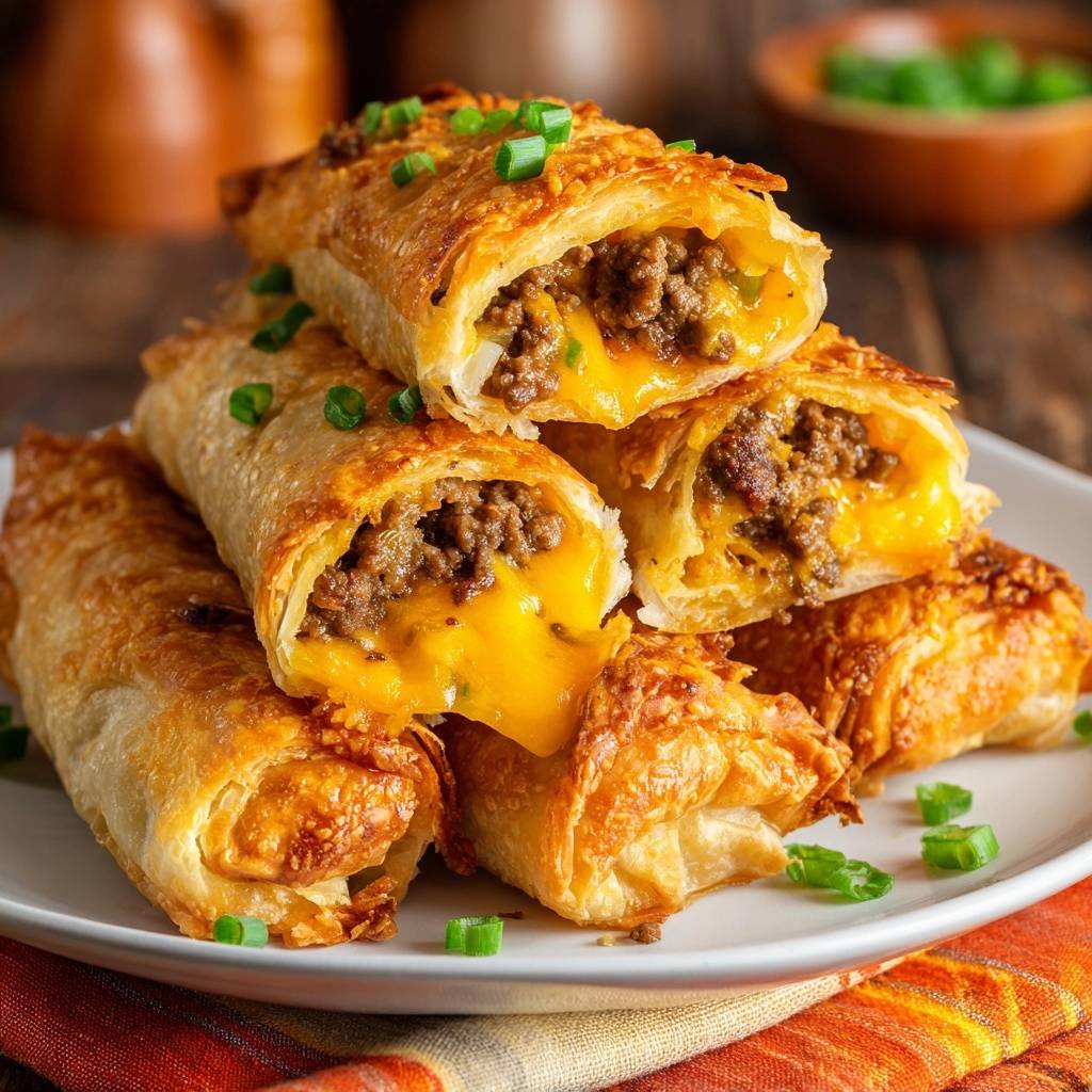 Knusprige Hack-Käse-Taquitos mit goldbraunem Teig, serviert auf einem weißen Teller, zeigen ihren geschmolzenen Käse- und Hackfleischfüllung im Querschnitt.